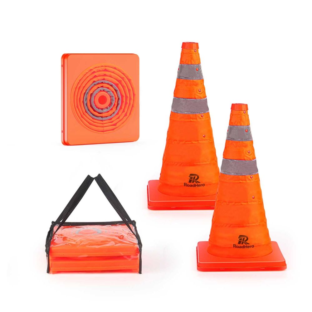 RoadHero 18 Inch [2 Pack] Collapsible Traffic Safety Cones, Multi Purpose Pop-up Cones with Reflective Collar for Road Safety, Orange Cones for Driving Training, Parking Lots