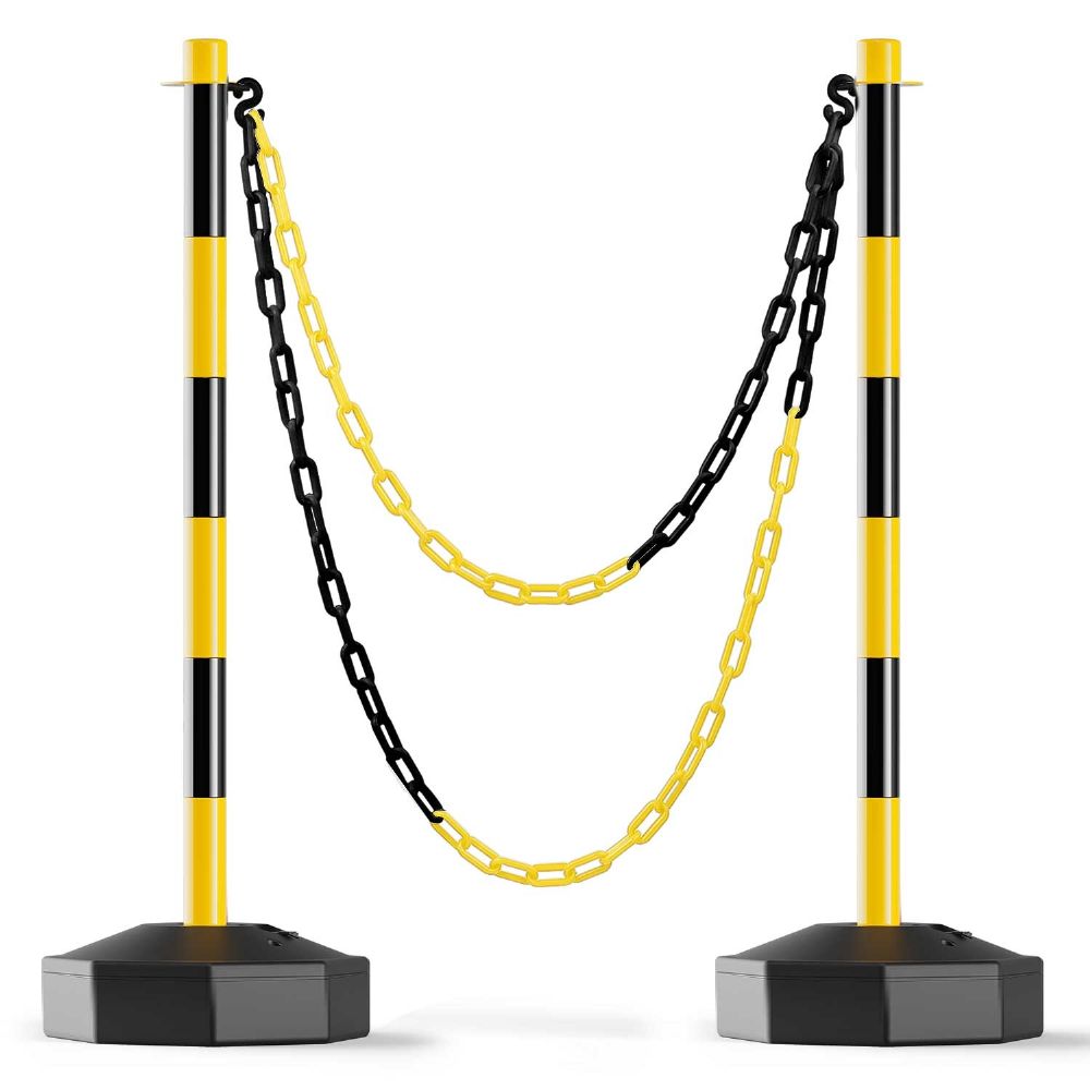 RoadHero [2 Pack] Traffic Delineator Post Cones with Fillable Base, Expandable Traffic Safety Barrier with 8FT Plastic Chain, Traffic Safety Delineator Cones for Parking Lot [Black/Yellow]