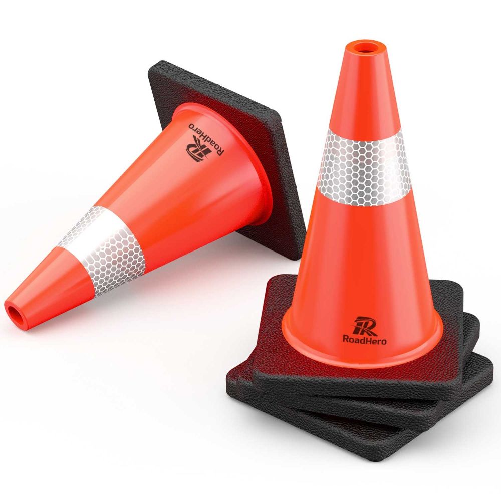 RoadHero (4 Pack) Traffic Safety Cones 18 Inch with Black Weighted Base, Plastic PVC Cone, Orange Cones with Reflective Collar, Cones for Parking Lot, Construction Events, Road Safety