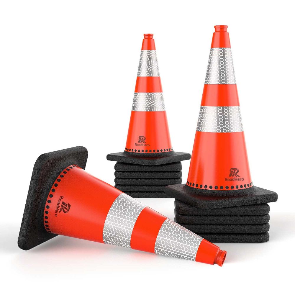RoadHero (12 Pack) Traffic Safety Cones 28 Inch, PVC Cone with Black Weighted Base, Orange Cones with Reflective Collars for Parking Lot, Road Safety, Construction Events