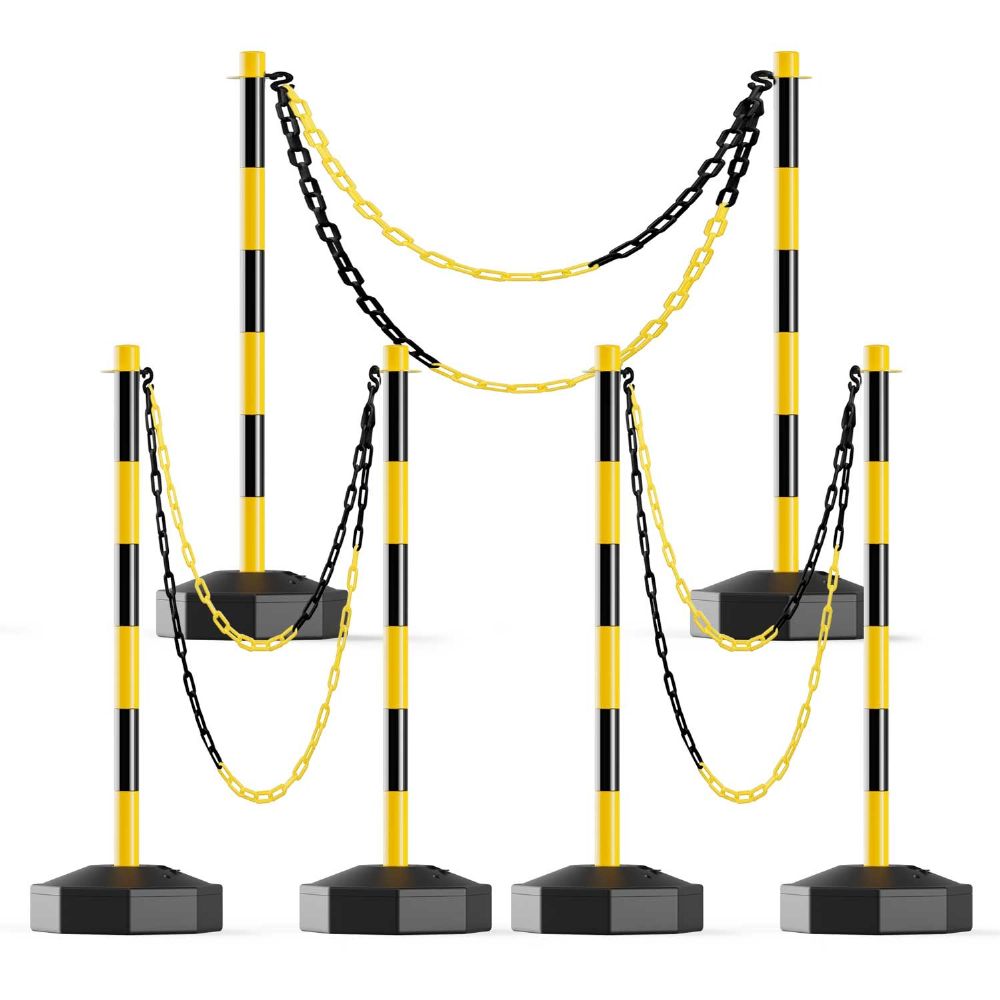 RoadHero [6 Pack] Traffic Delineator Post Cones with Fillable Base, Expandable Traffic Safety Barrier with 8FT Plastic Chain, Traffic Safety Delineator Cones for Parking Lot [Black/Yellow]