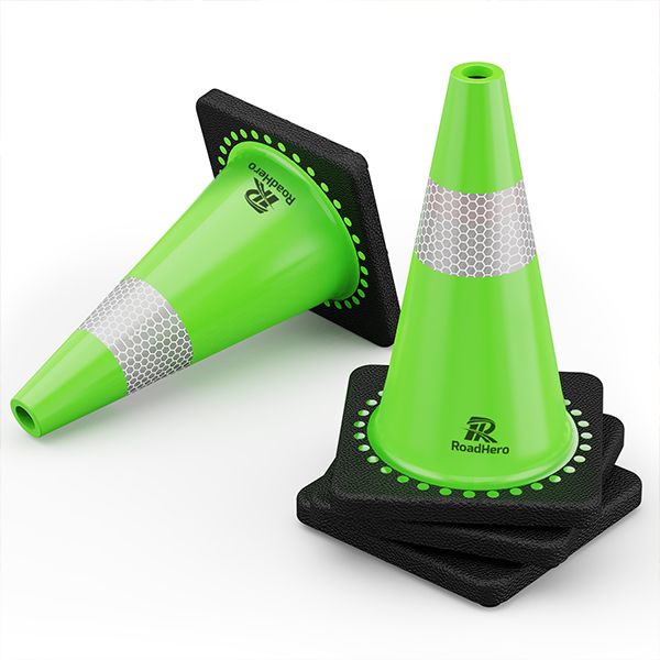 RoadHero (4 Pack) Traffic Safety Cone 18 Inch with Black Weighted Base, Plastic PVC Green Traffic Cones with Reflective Collar for Parking Lot, Construction Events, Road Safety