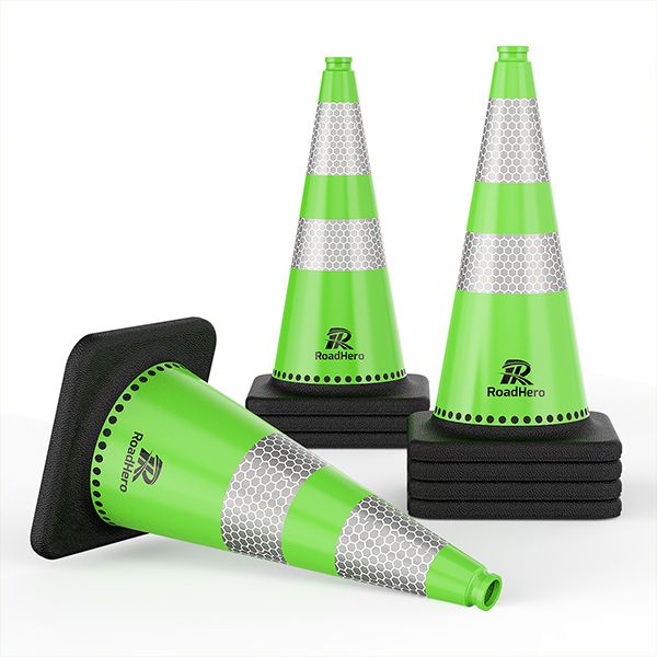 RoadHero (8 Pack) Traffic Safety Cones 28 Inch with Black Weighted Base, Plastic PVC Cone, Green Cones with Reflective Collar, Cones for Parking Lot, Construction Events, Road Safety