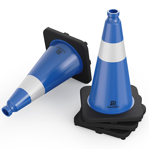 RoadHero 4 Pack Traffic Safety Cones 18 Inch with Black Weighted Base, Plastic PVC Blue Traffic Cone with Reflective Collar for Parking Lot, Construction Events, Road Safety