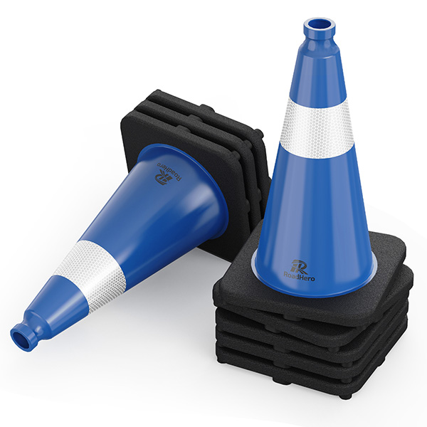 RoadHero 8 Pack Traffic Safety Cones 18 Inch with Black Weighted Base, Plastic PVC Blue Traffic Cone with Reflective Collar for Parking Lot, Construction Events, Road Safety