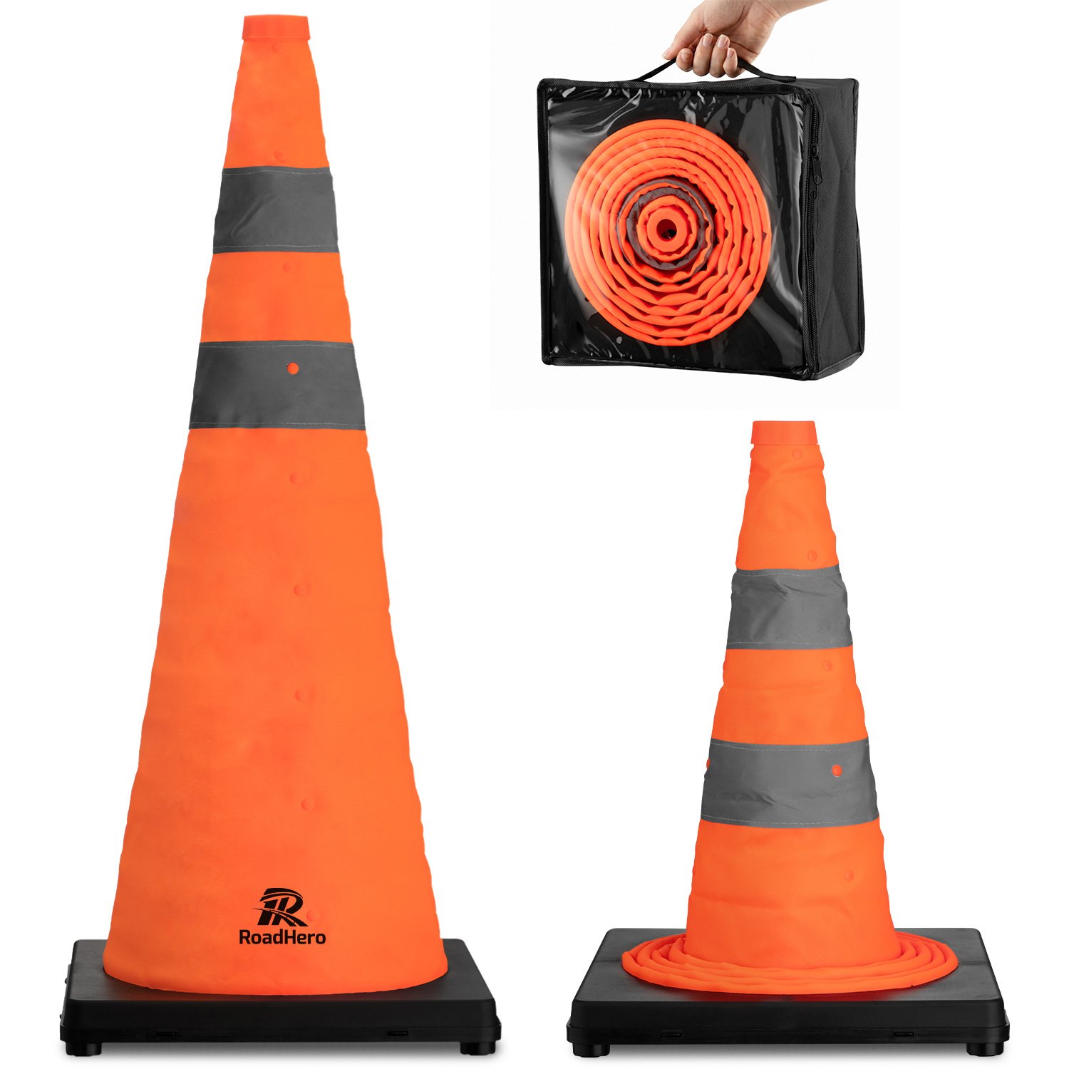 RoadHero Collapsible Traffic Safety Cones, Plastic Orange Pop-up Cones with Reflective Collar for Road Safety, Parking Lot, Driving Practice and Sport Training (2 Pack, 28 Inch)