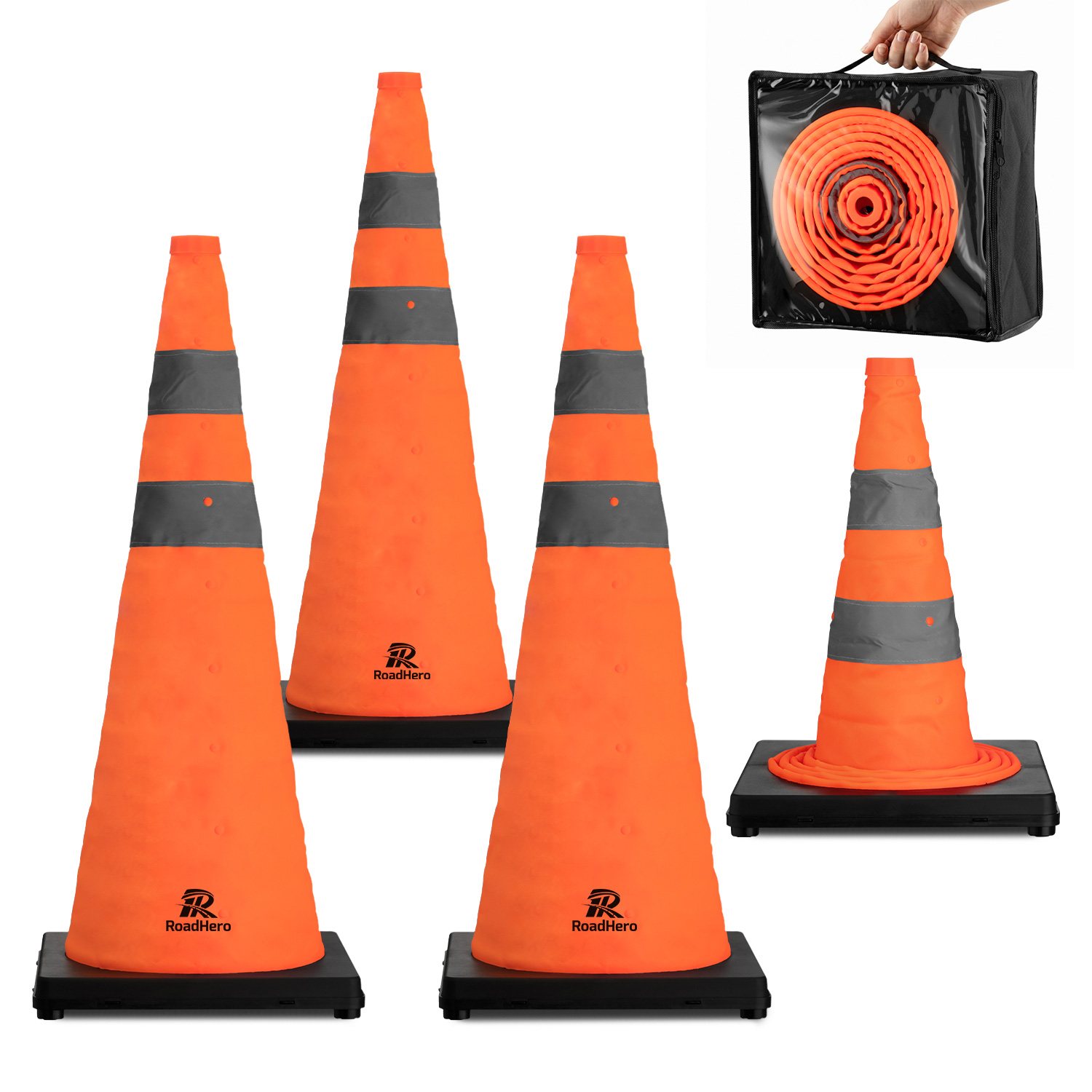 RoadHero Collapsible Traffic Safety Cones, Plastic Orange Pop-up Cones with Reflective Collar for Road Safety, Parking Lot, Driving Practice and Sport Training (4 Pack, 28 Inch)
